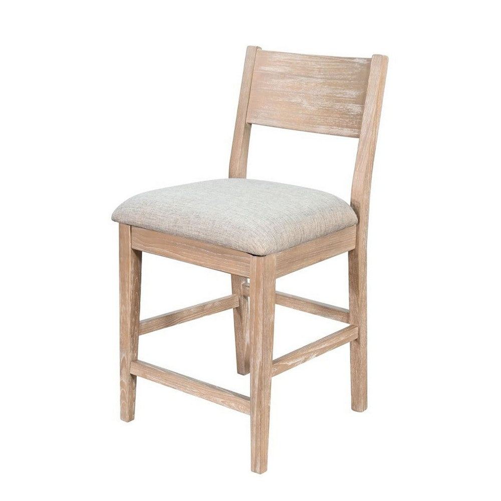Benjara Casy Counter Height Chair Set of 2, Gray Cushion, Natural Brown Solid Wood