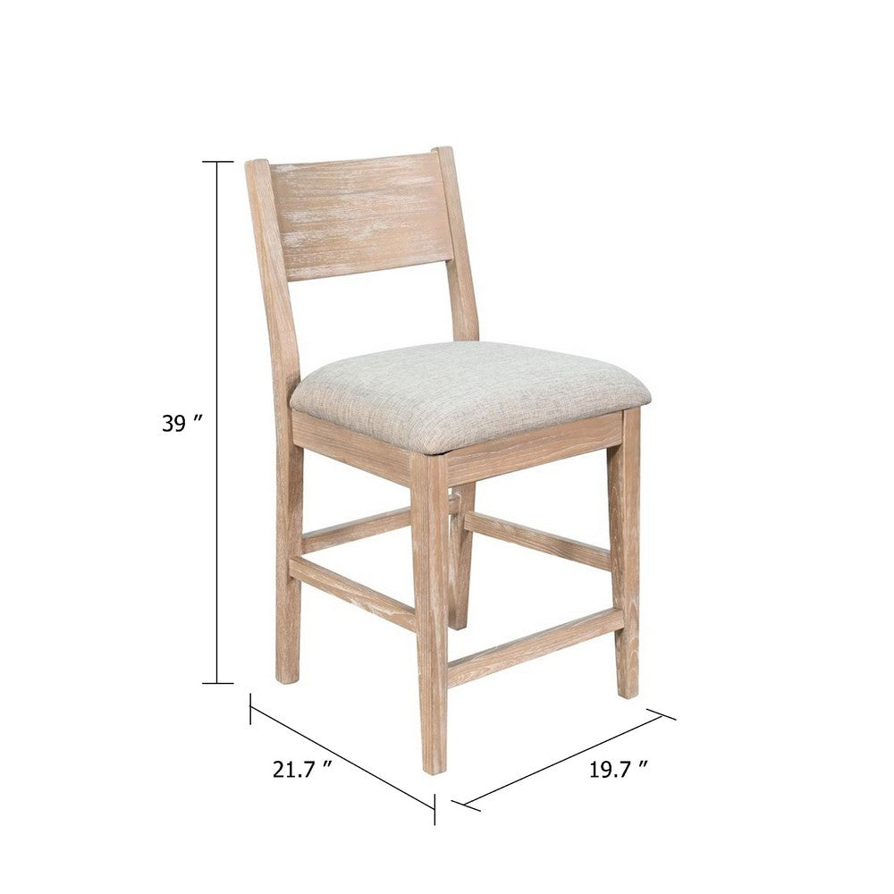 Benjara Casy Counter Height Chair Set of 2, Gray Cushion, Natural Brown Solid Wood