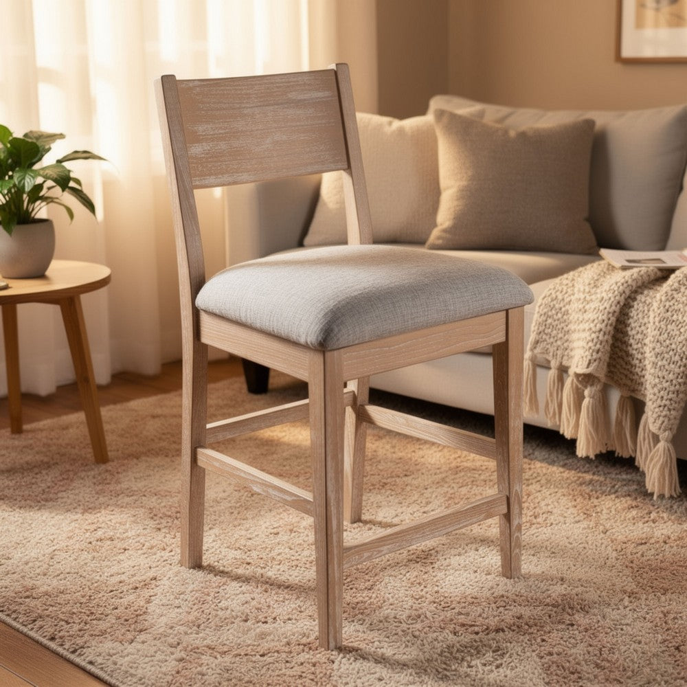 Benjara Casy Counter Height Chair Set of 2, Gray Cushion, Natural Brown Solid Wood