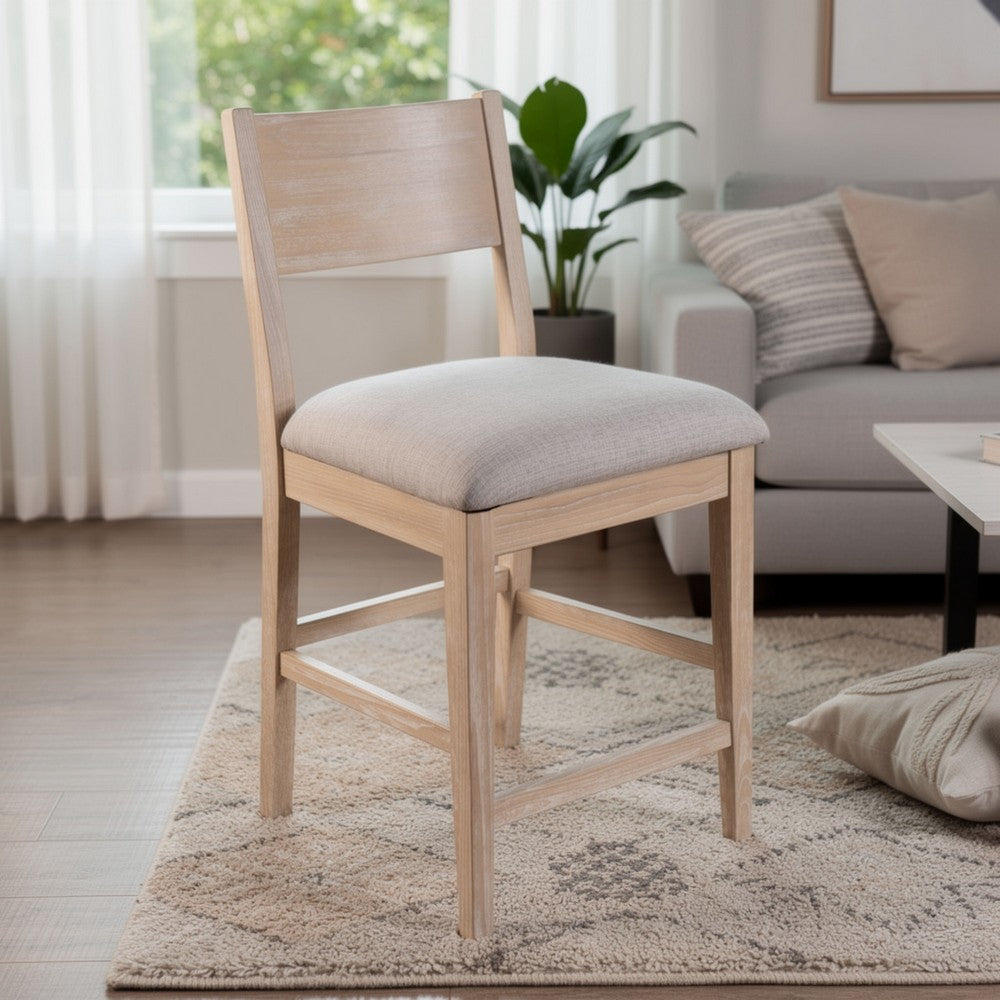 Benjara Casy Counter Height Chair Set of 2, Gray Cushion, Natural Brown Solid Wood