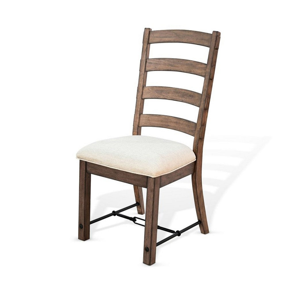 Benjara Yael Ladderback Dining Chair Set of 2, White Seat, Brown Solid Mahogany