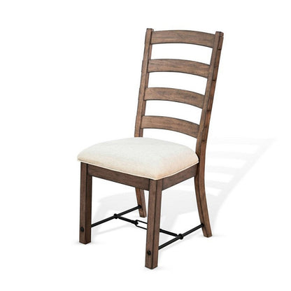 Benjara Yael Ladderback Dining Chair Set of 2, White Seat, Brown Solid Mahogany