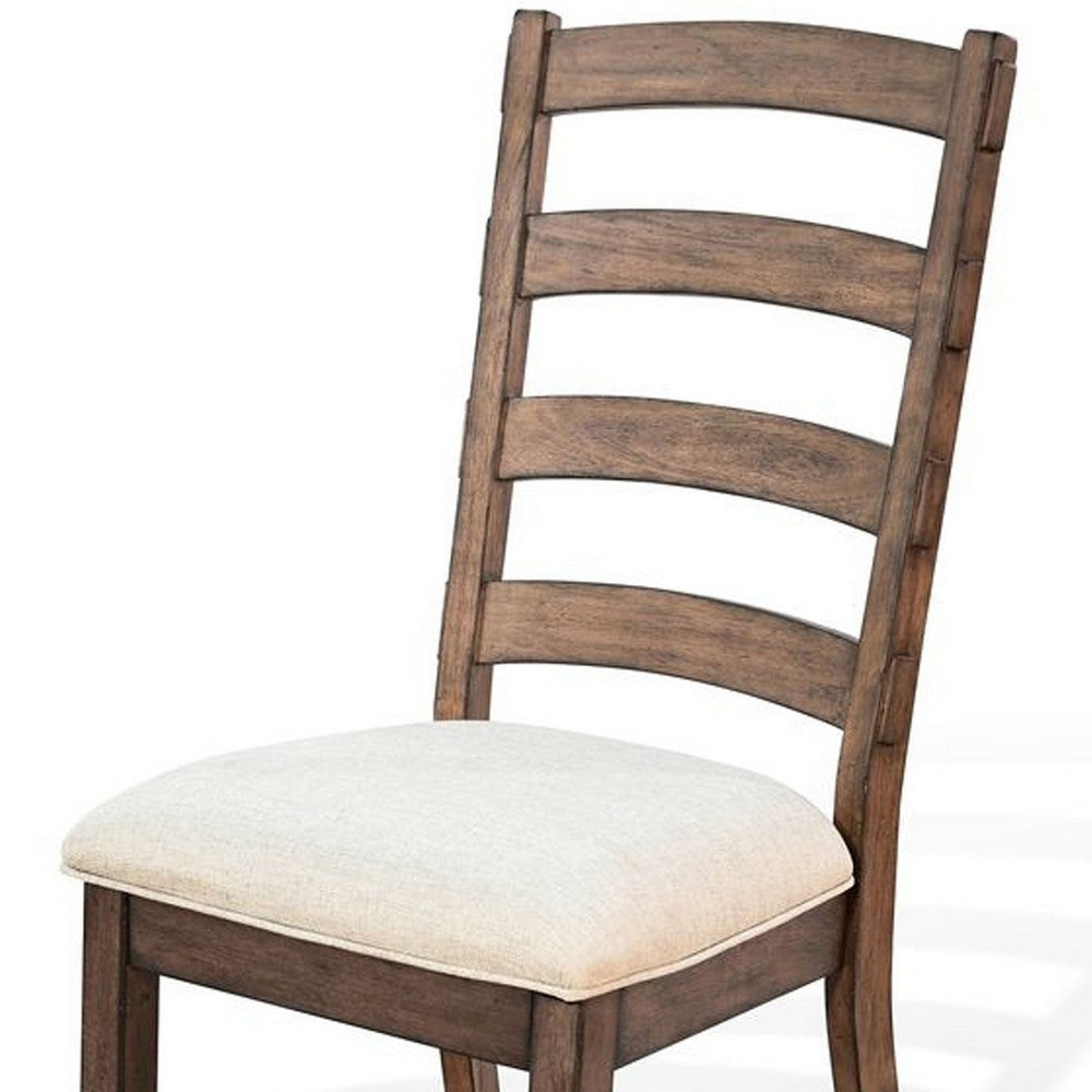 Benjara Yael Ladderback Dining Chair Set of 2, White Seat, Brown Solid Mahogany