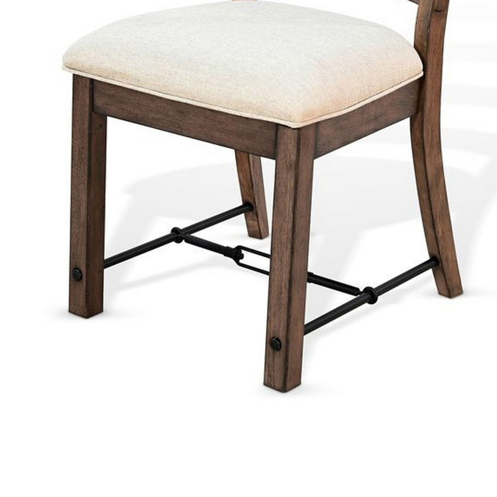Benjara Yael Ladderback Dining Chair Set of 2, White Seat, Brown Solid Mahogany