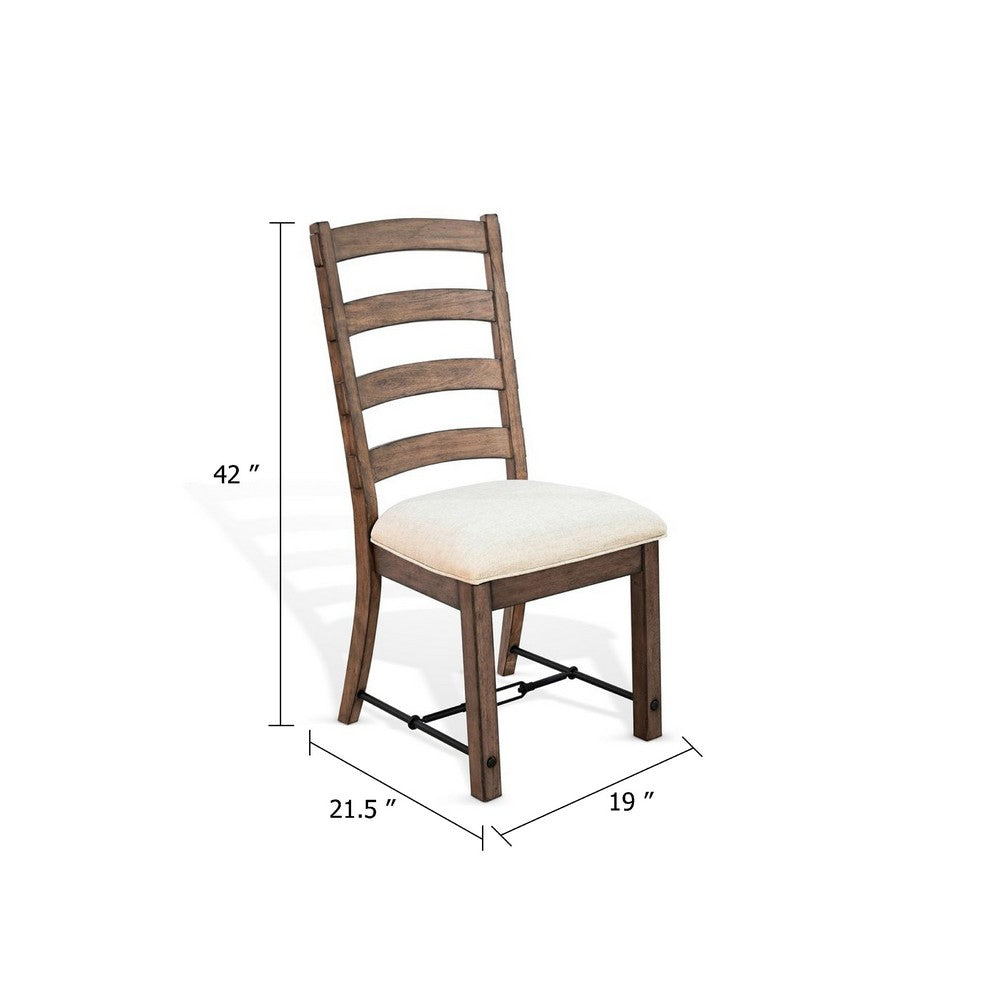 Benjara Yael Ladderback Dining Chair Set of 2, White Seat, Brown Solid Mahogany
