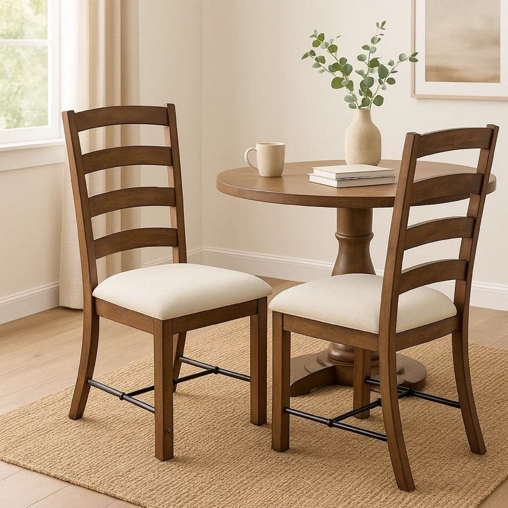 Benjara Yael Ladderback Dining Chair Set of 2, White Seat, Brown Solid Mahogany