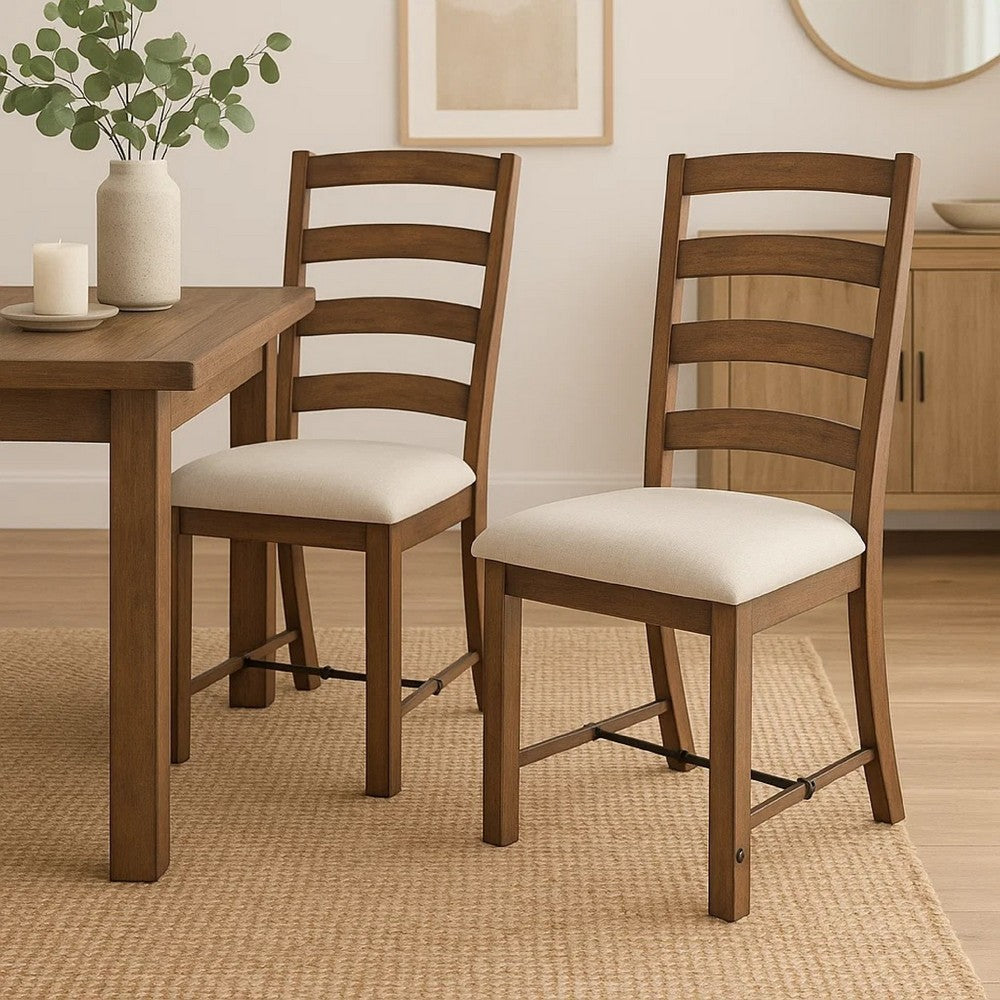 Benjara Yael Ladderback Dining Chair Set of 2, White Seat, Brown Solid Mahogany