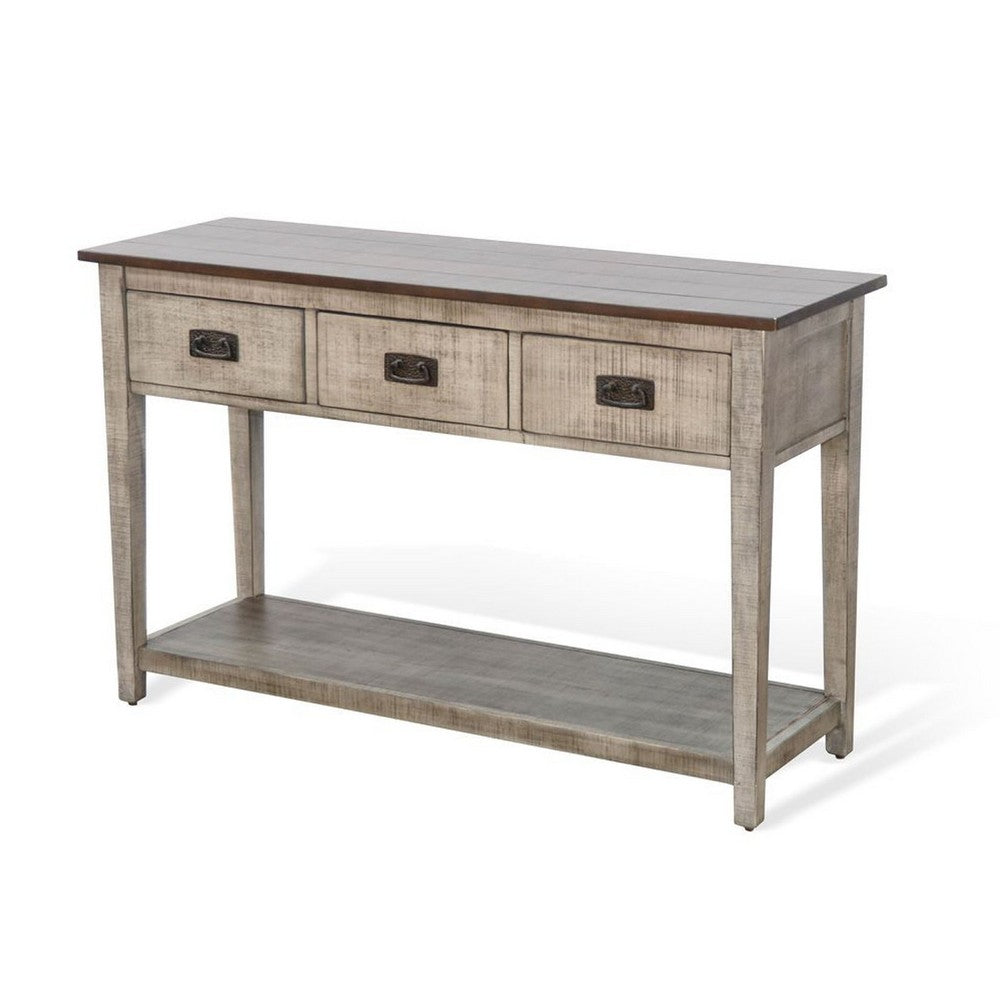 Benjara Camie Sofa Console Table, 48 Inch, 3 Drawers, Gray Solid Mahogany