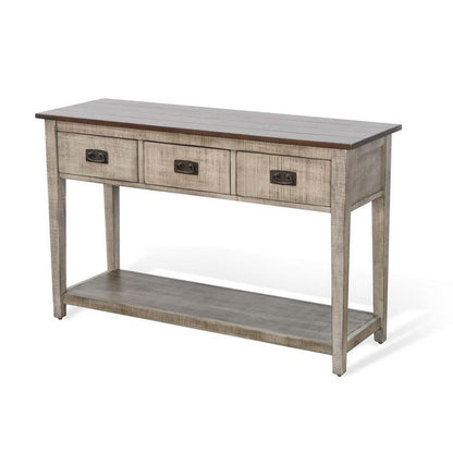 Benjara Camie Sofa Console Table, 48 Inch, 3 Drawers, Gray Solid Mahogany