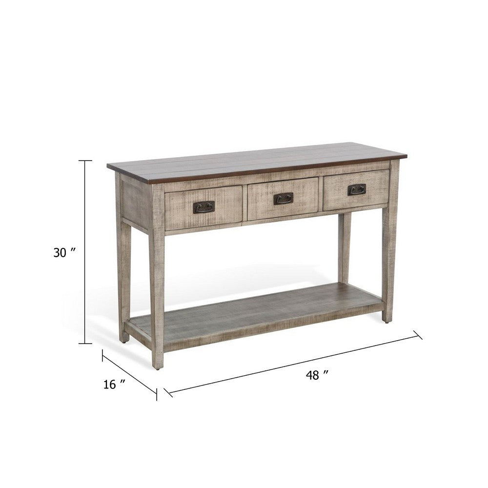 Benjara Camie Sofa Console Table, 48 Inch, 3 Drawers, Gray Solid Mahogany