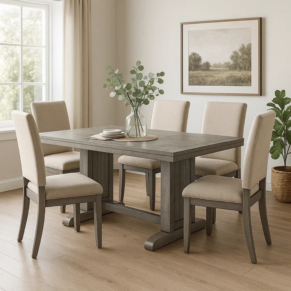 Benjara Zeka Dining Table, 60 Inch Top, Double Pedestal, Gray Solid Wood