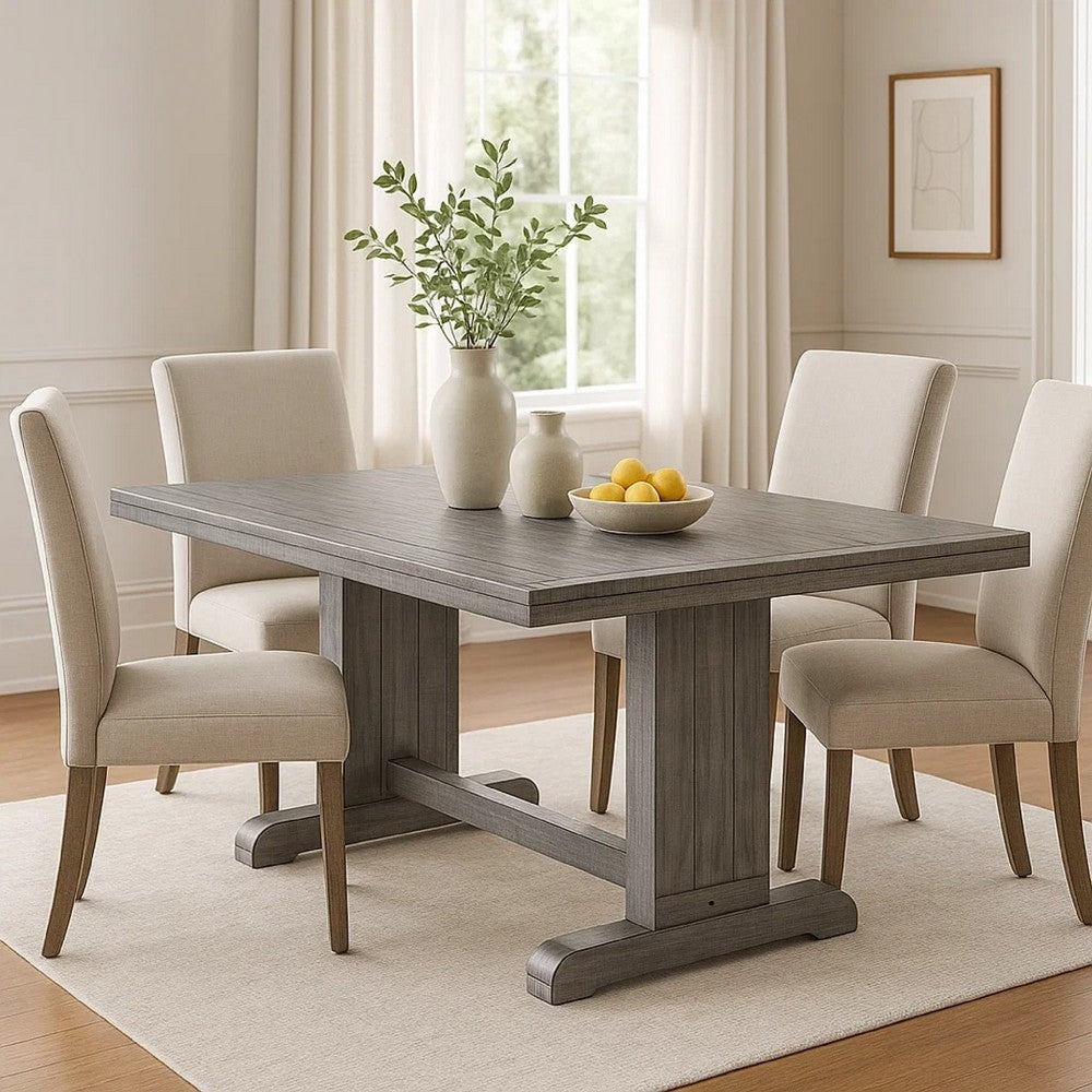 Benjara Zeka Dining Table, 60 Inch Top, Double Pedestal, Gray Solid Wood