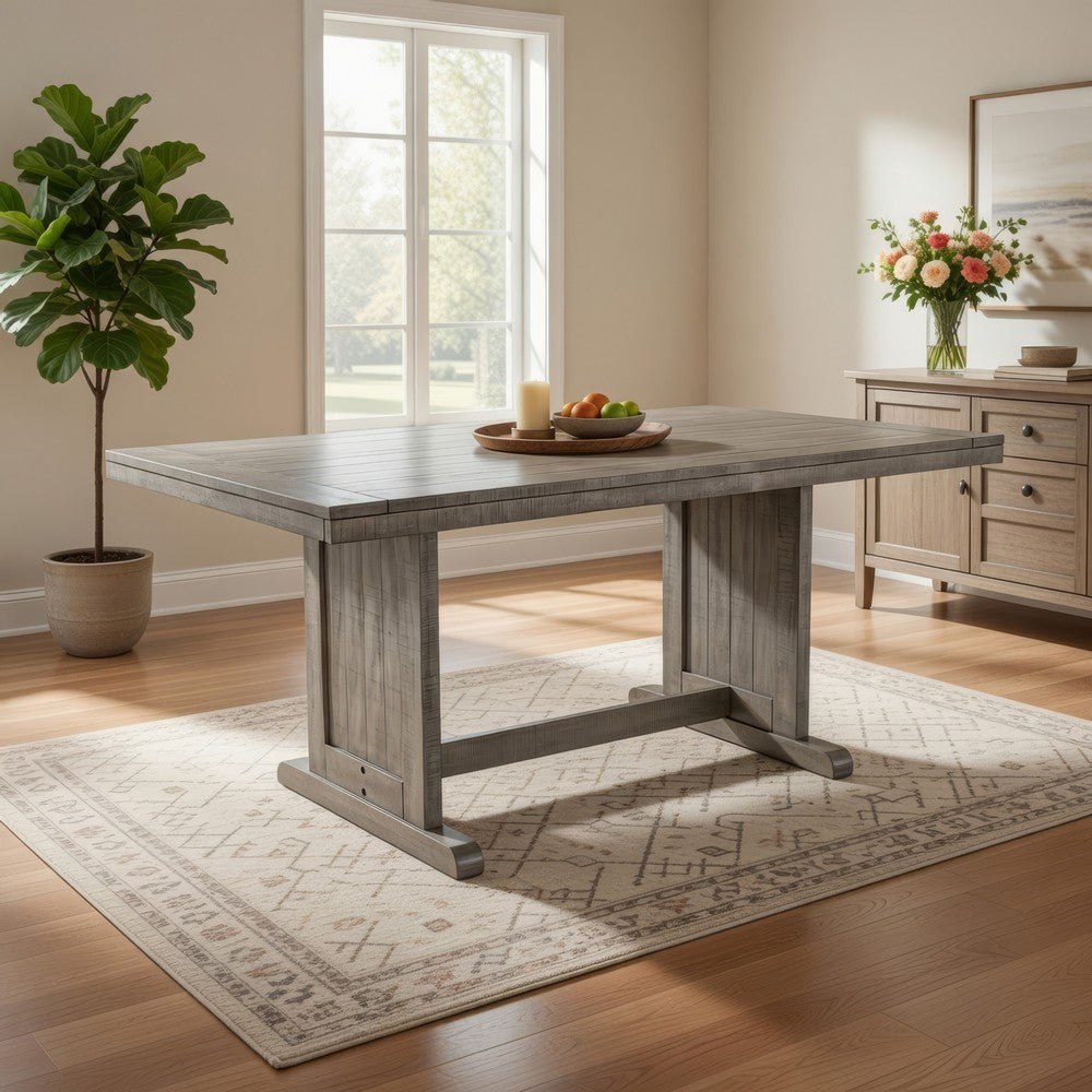 Benjara Zeka Dining Table, 60 Inch Top, Double Pedestal, Gray Solid Wood