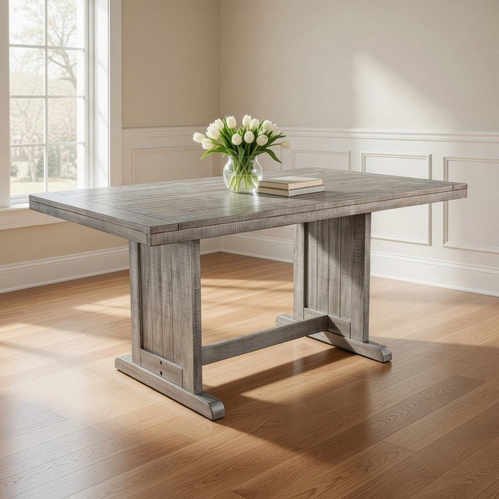 Benjara Zeka Dining Table, 60 Inch Top, Double Pedestal, Gray Solid Wood