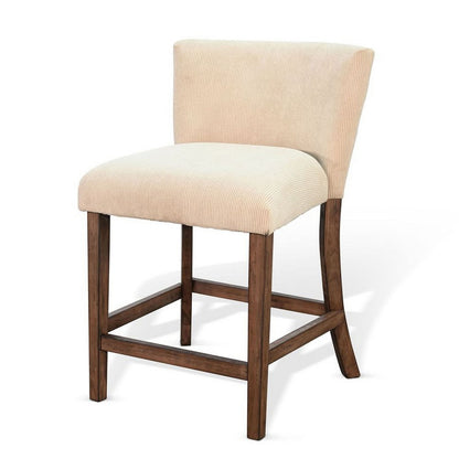 Benjara Giby Counter Stool Chair Set of 2, Beige, Dark Brown Solid Mahogany
