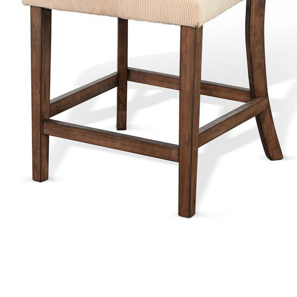 Benjara Giby Counter Stool Chair Set of 2, Beige, Dark Brown Solid Mahogany