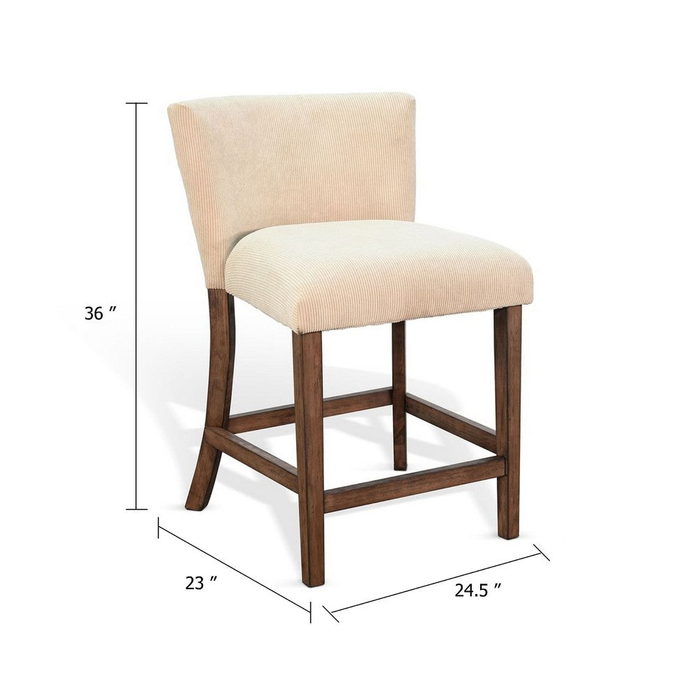 Benjara Giby Counter Stool Chair Set of 2, Beige, Dark Brown Solid Mahogany
