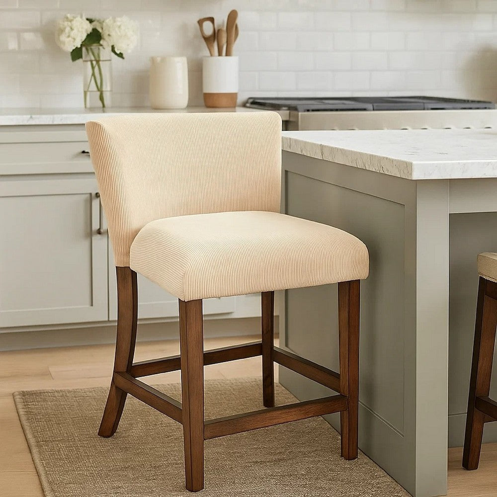 Benjara Giby Counter Stool Chair Set of 2, Beige, Dark Brown Solid Mahogany