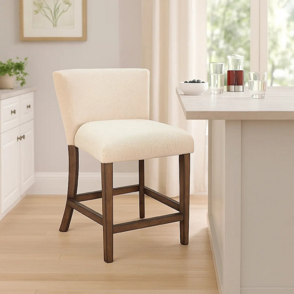 Benjara Giby Counter Stool Chair Set of 2, Beige, Dark Brown Solid Mahogany