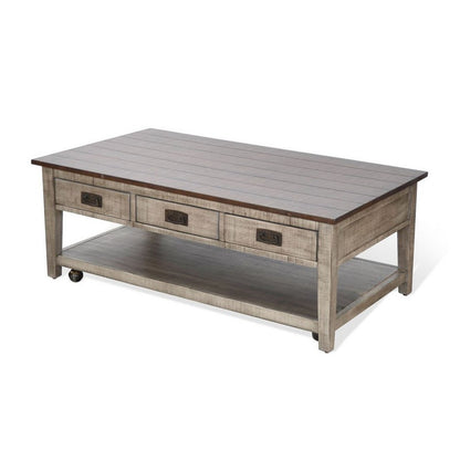 Benjara Camie Coffee Table, 48 Inch Top, 3 Drawers, Gray Solid Mahogany