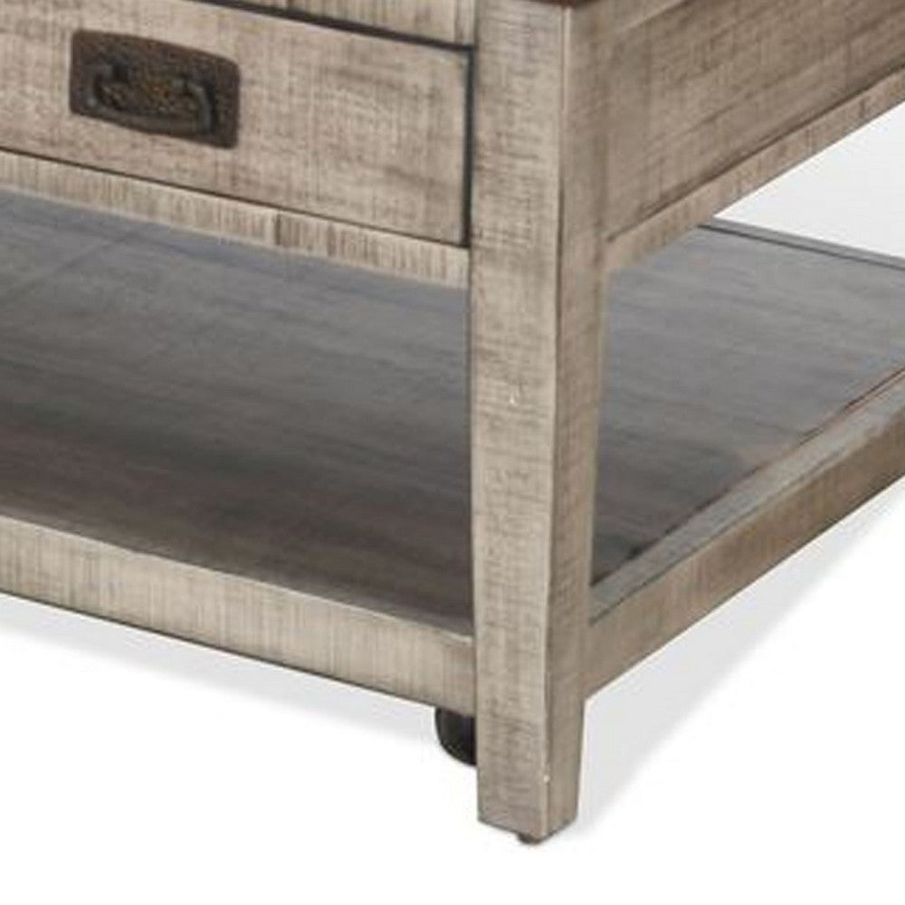 Benjara Camie Coffee Table, 48 Inch Top, 3 Drawers, Gray Solid Mahogany