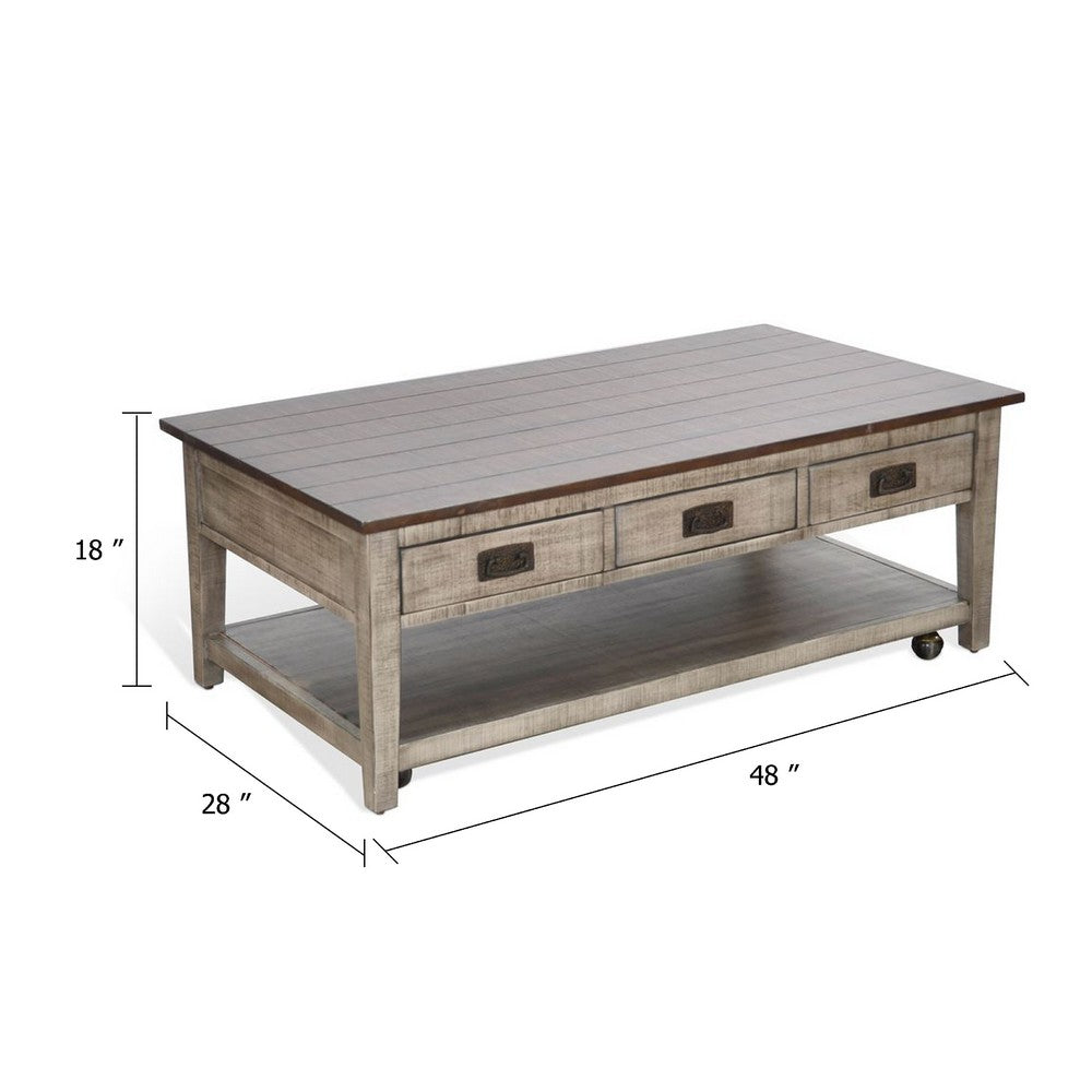 Benjara Camie Coffee Table, 48 Inch Top, 3 Drawers, Gray Solid Mahogany