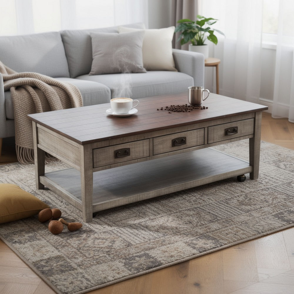 Benjara Camie Coffee Table, 48 Inch Top, 3 Drawers, Gray Solid Mahogany