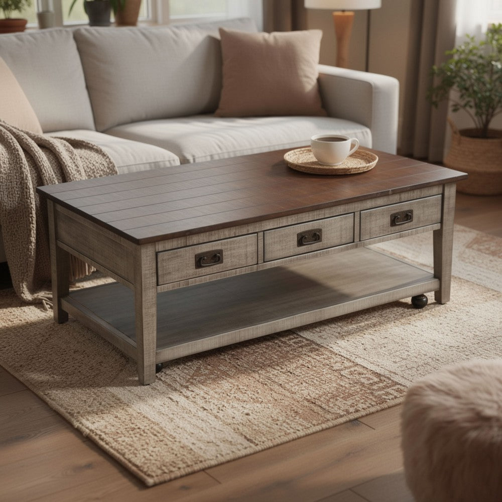 Benjara Camie Coffee Table, 48 Inch Top, 3 Drawers, Gray Solid Mahogany
