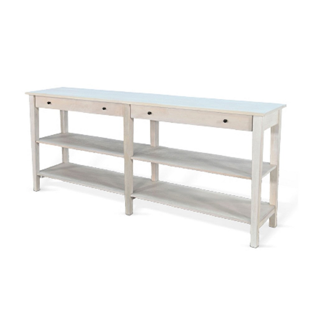Benjara Meny Sofa Console Table, 71 Inch with Shelves, Light Gray Solid Wood