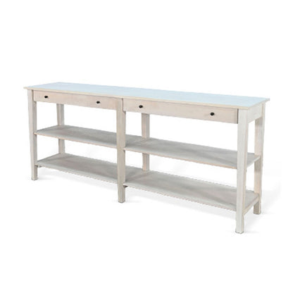 Benjara Meny Sofa Console Table, 71 Inch with Shelves, Light Gray Solid Wood