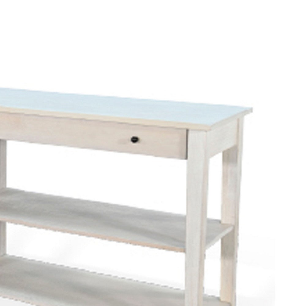 Benjara Meny Sofa Console Table, 71 Inch with Shelves, Light Gray Solid Wood