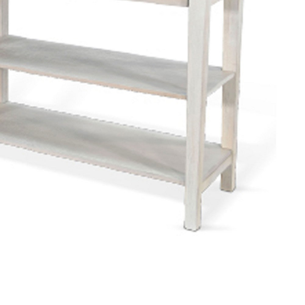 Benjara Meny Sofa Console Table, 71 Inch with Shelves, Light Gray Solid Wood