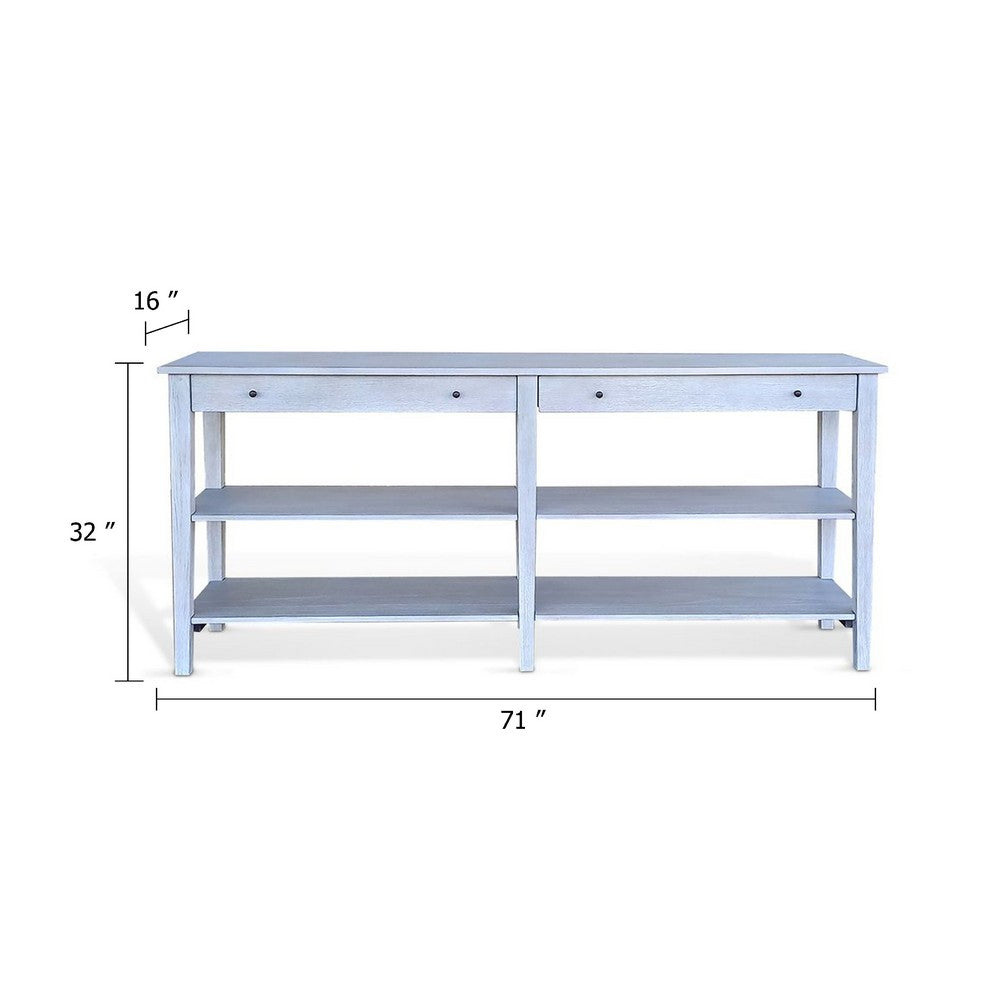 Benjara Meny Sofa Console Table, 71 Inch with Shelves, Light Gray Solid Wood