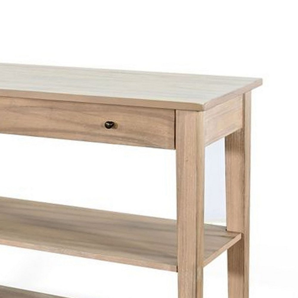 Benjara Meny Sofa Console Table, 71 Inch with Shelves, Brown Solid Wood