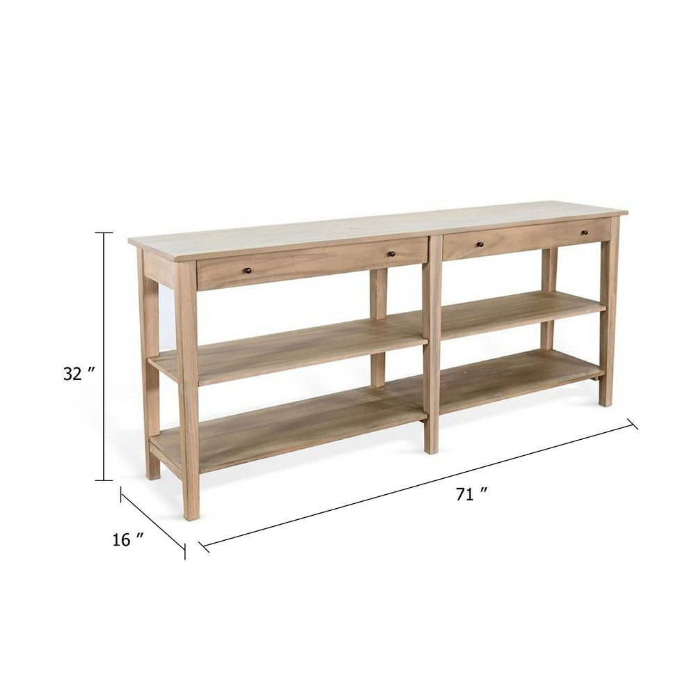 Benjara Meny Sofa Console Table, 71 Inch with Shelves, Brown Solid Wood