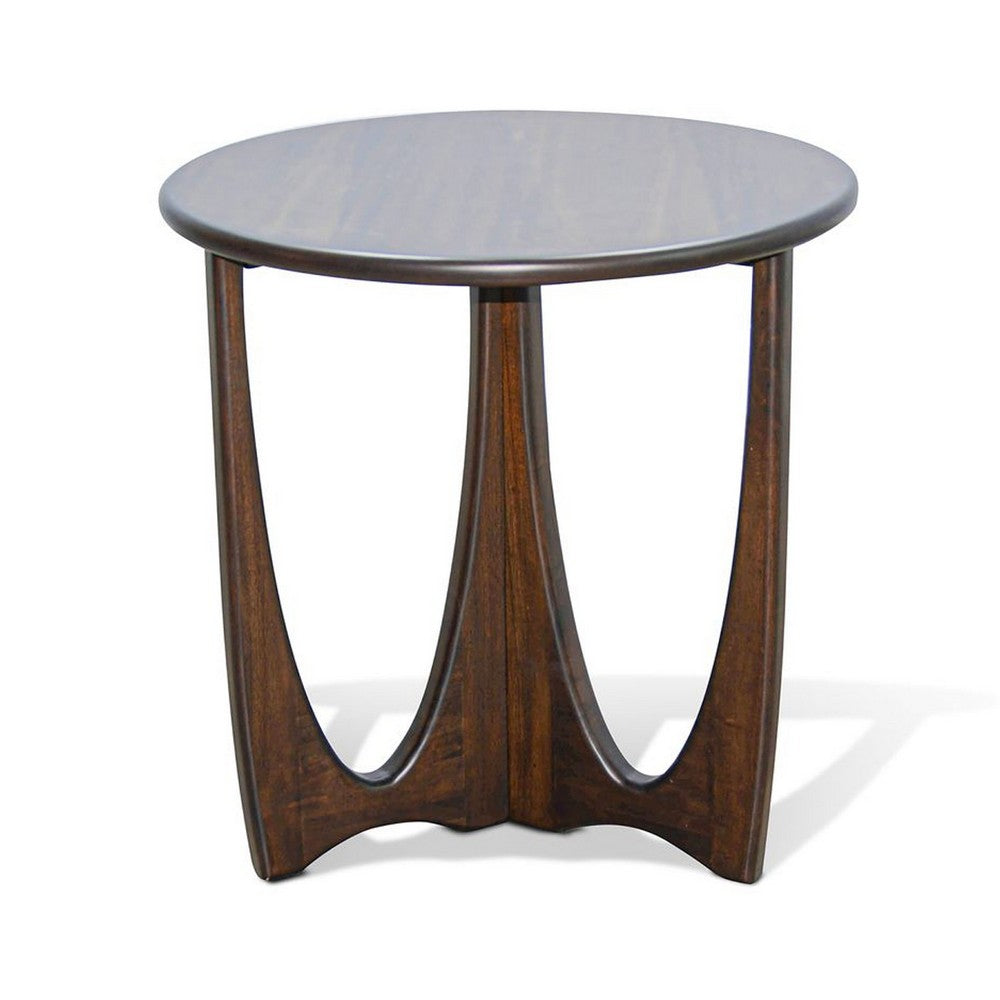 Benjara Natra Side End Table, 26 Inch Round, Cutout Base, Dark Brown Solid Wood
