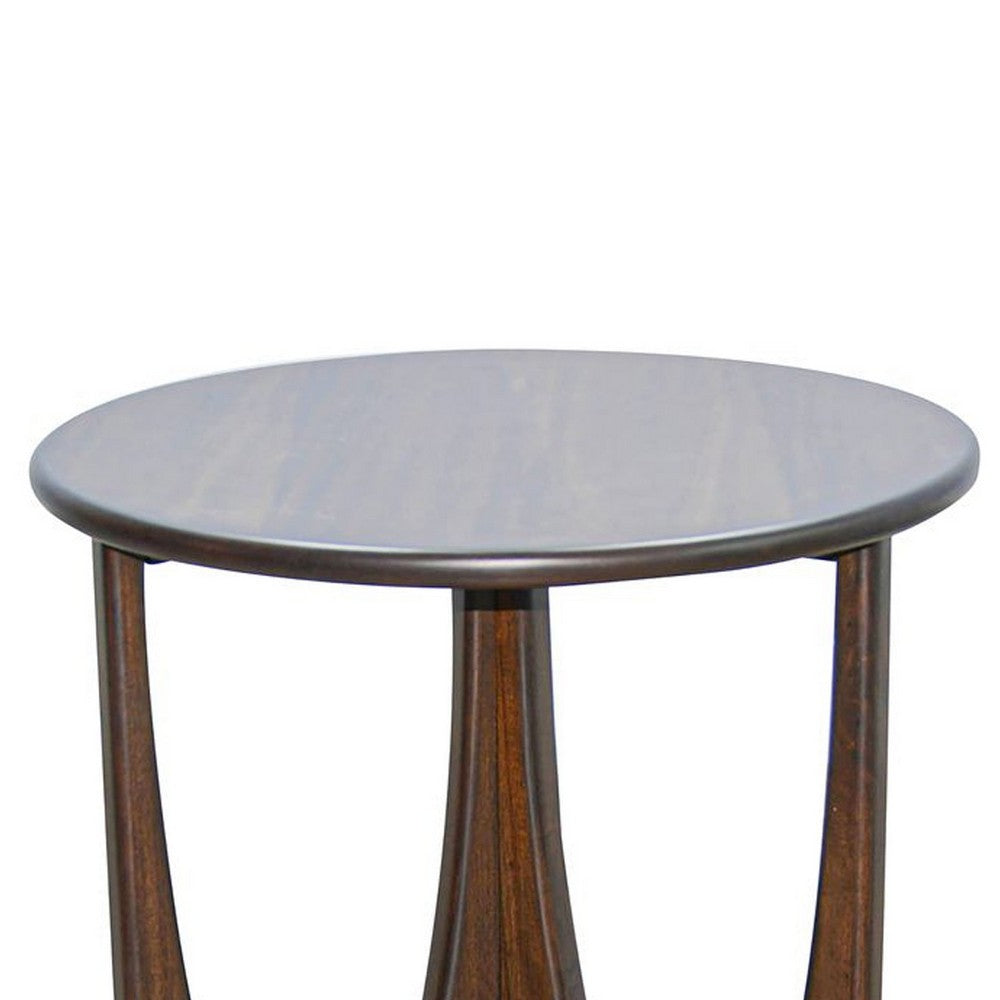 Benjara Natra Side End Table, 26 Inch Round, Cutout Base, Dark Brown Solid Wood