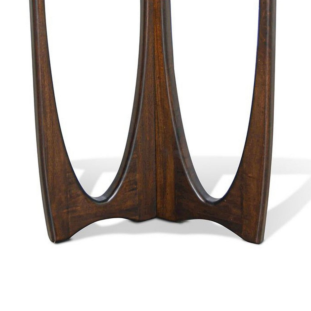 Benjara Natra Side End Table, 26 Inch Round, Cutout Base, Dark Brown Solid Wood