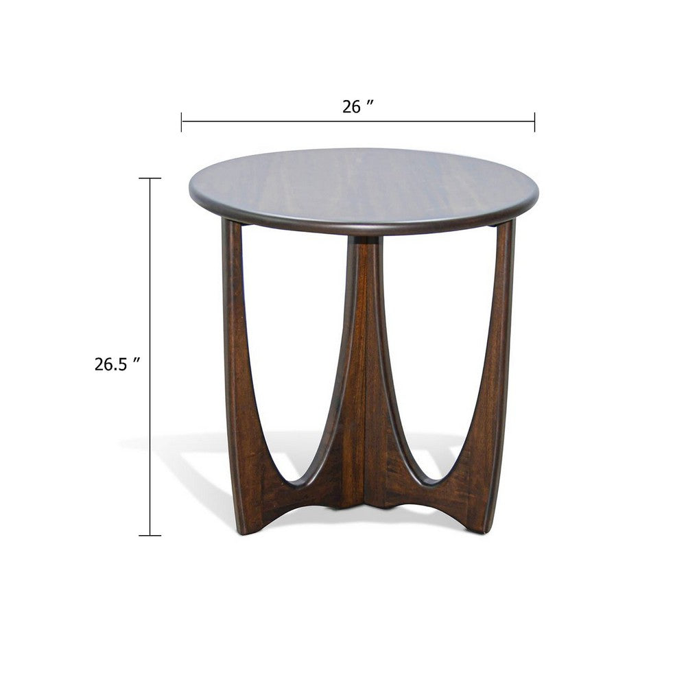 Benjara Natra Side End Table, 26 Inch Round, Cutout Base, Dark Brown Solid Wood