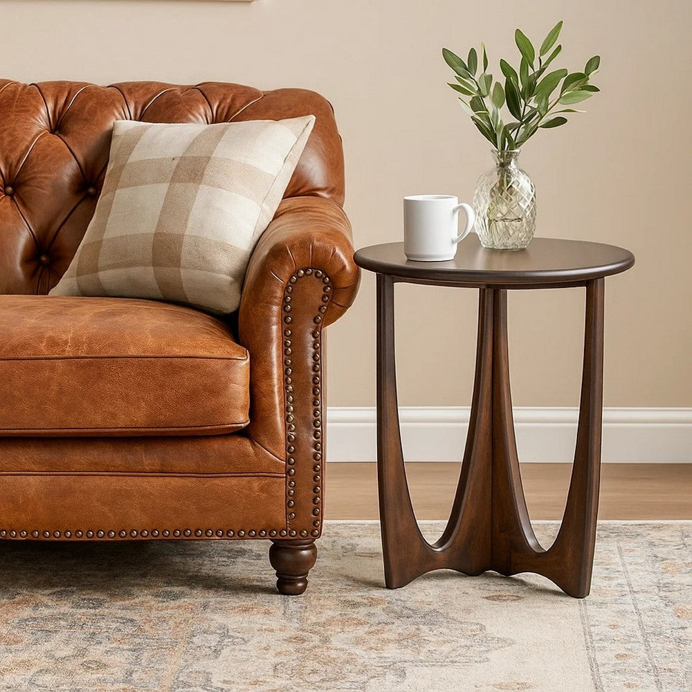 Benjara Natra Side End Table, 26 Inch Round, Cutout Base, Dark Brown Solid Wood