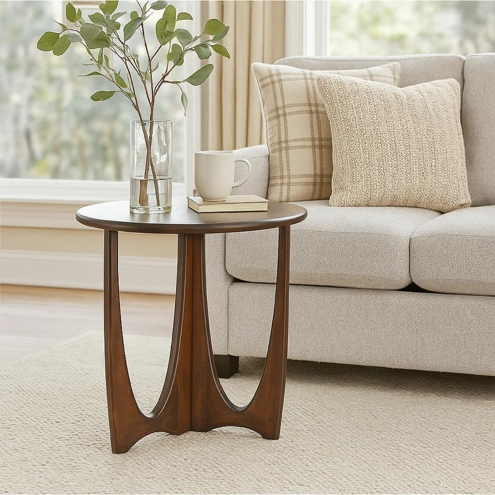 Benjara Natra Side End Table, 26 Inch Round, Cutout Base, Dark Brown Solid Wood