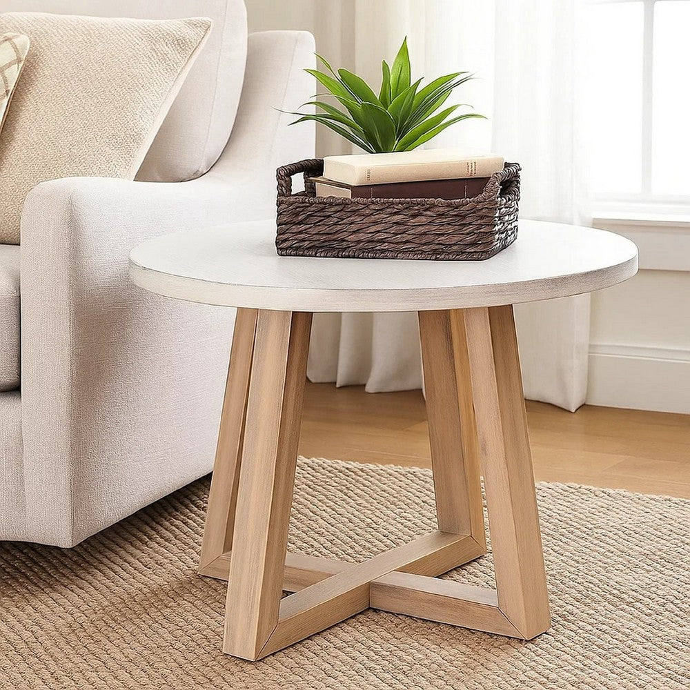 Benjara Dilly Side End Table, Cross Pedestal Base, Light Gray, 28 Inch Solid Wood