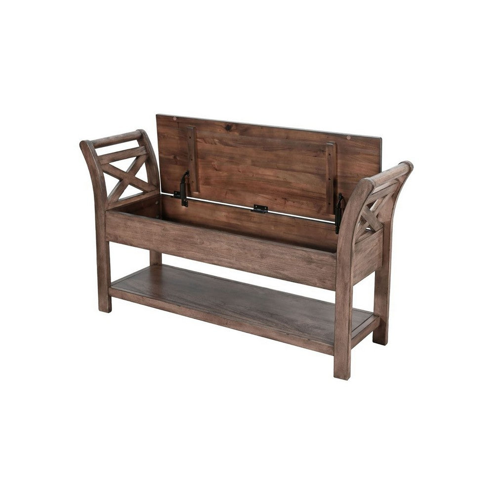 Benjara Demi 48 Inch Storage Bench, Lower Shelf, Natural Brown Solid Wood