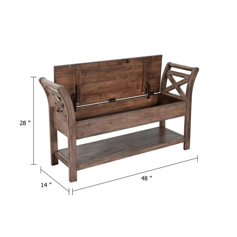 Benjara Demi 48 Inch Storage Bench, Lower Shelf, Natural Brown Solid Wood