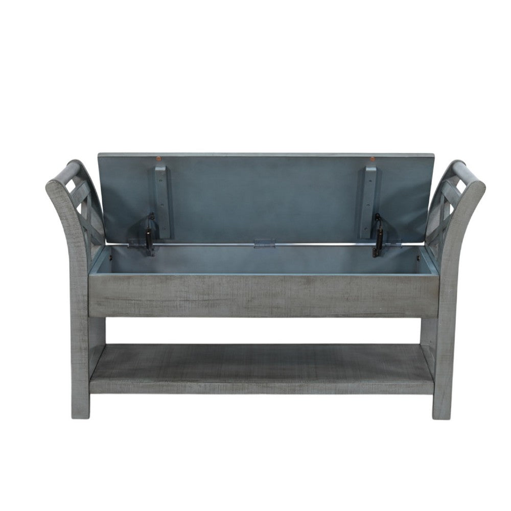 Benjara Demi 48 Inch Storage Bench, Lower Shelf, Rustic Blue Solid Wood