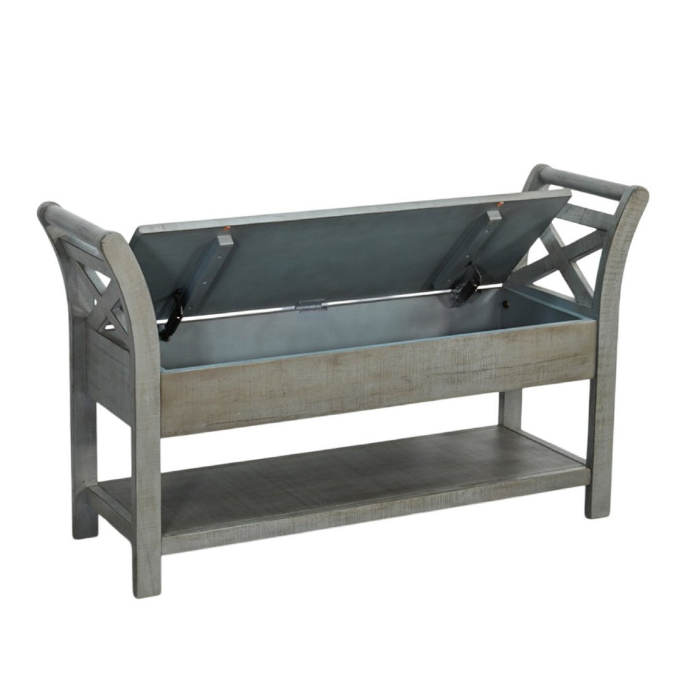 Benjara Demi 48 Inch Storage Bench, Lower Shelf, Rustic Blue Solid Wood