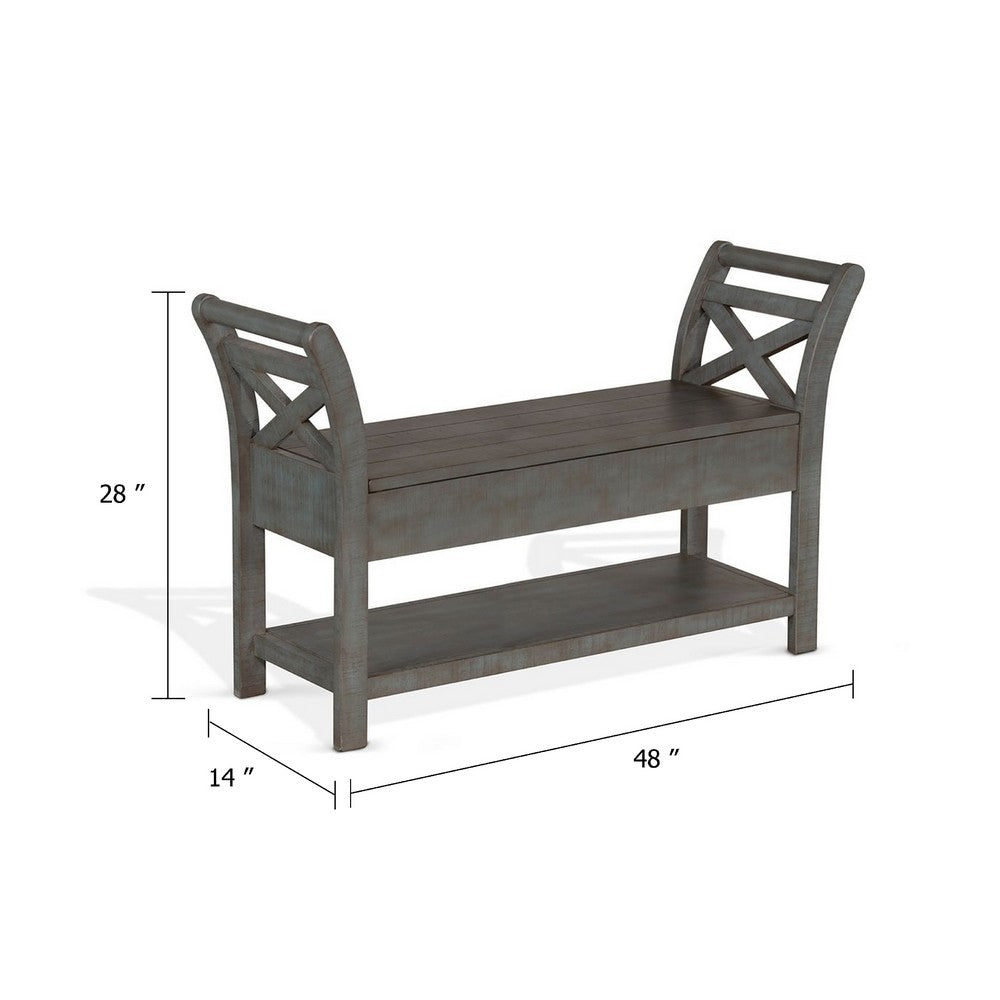 Benjara Demi 48 Inch Storage Bench, Lower Shelf, Rustic Blue Solid Wood
