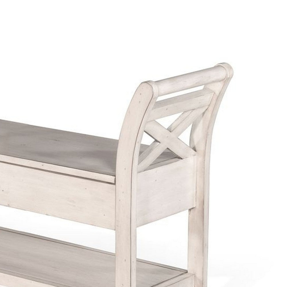 Benjara Demi 48 Inch Storage Bench, Lower Shelf, Rustic White Solid Wood
