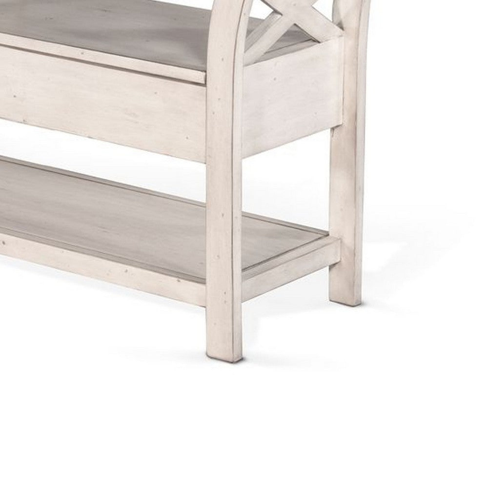 Benjara Demi 48 Inch Storage Bench, Lower Shelf, Rustic White Solid Wood
