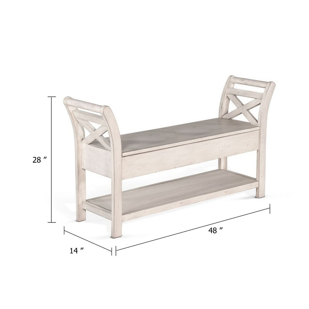 Benjara Demi 48 Inch Storage Bench, Lower Shelf, Rustic White Solid Wood